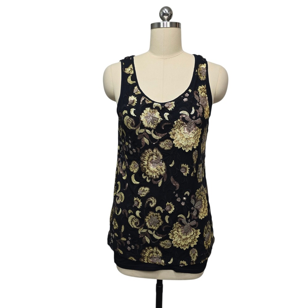 Garnet Hill Black Floral Paisley Sequin Tank Top Womens Size XS‎ Bohemian